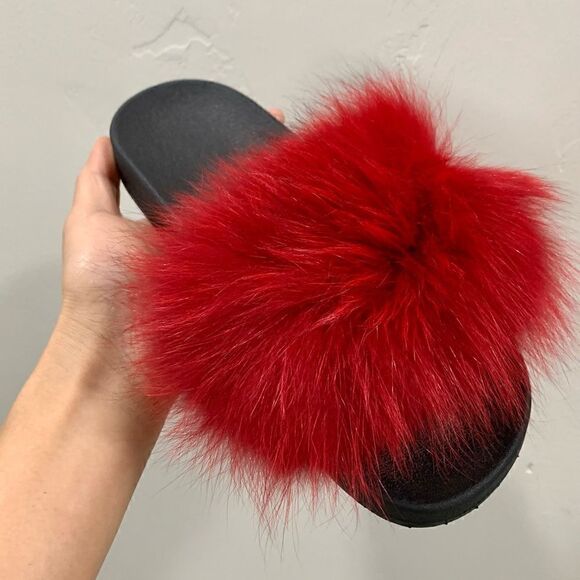 Handmade Red Fluffy Genuine Fox Fur Slippers, Soft Slide - Picture 8 of 12